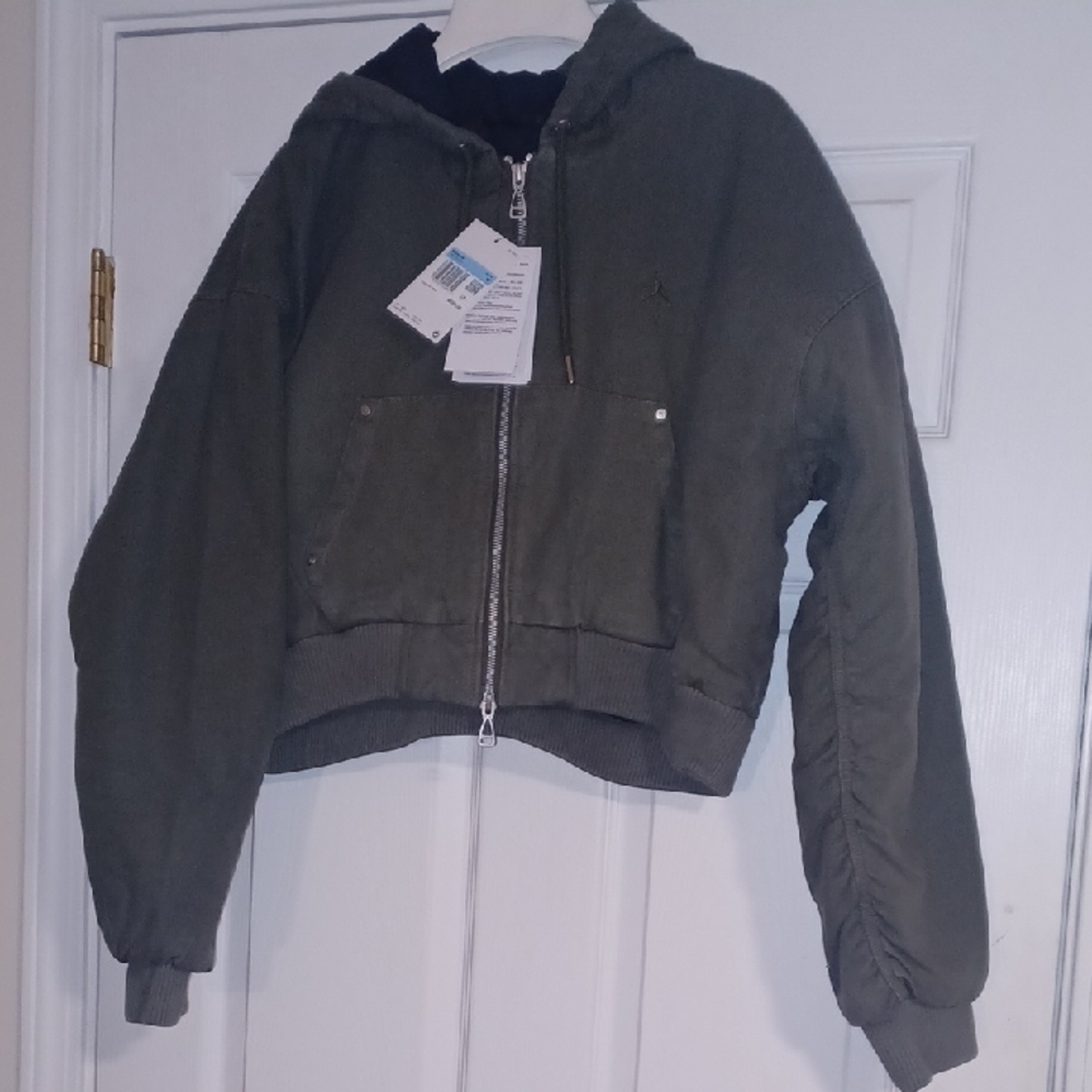 Jordan Olive Green Zip-Up Bomber Jacket with Hood